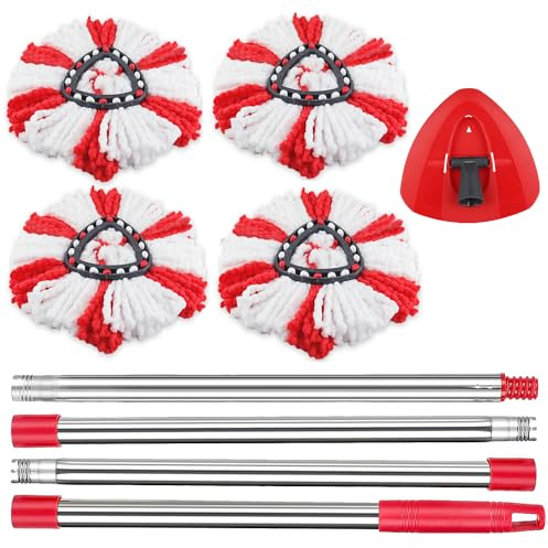 Sgizoku 6-teiliges Wischmopp-Set für Vieda Spin Turbo/Turbo Smart/EasyWring&Clean 1 Tank-Eimer-Ersatz, 4 rot gestreifte Moppköpfe + 1 Mopp-Basis + 1 Metall-Moppgriff (Red Kit(4R+1C+1Pole))