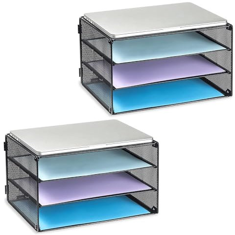DALTACK Briefablage mit 3 Ebenen, Papier-Organizer, Netz-Metall, Schreibtisch-Organizer für Zuhause und Büro, 2 Stück, Schwarz