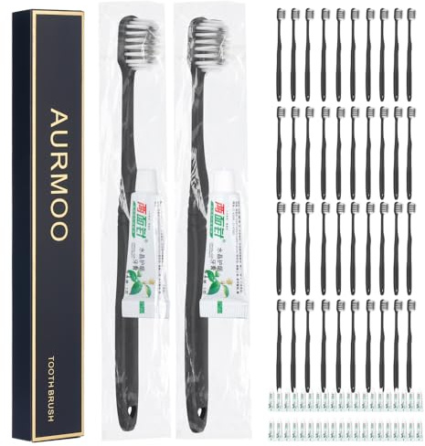 AURMOO 40x Brosse à Dents de Voyage, Brosses à Dents avec Dentifrice, | Brosses à Dents Jetable avec Dentifrice, Brosse à Dents Jetables, Toothbrushes, Hôtel, Camping, Emballés Individuellement
