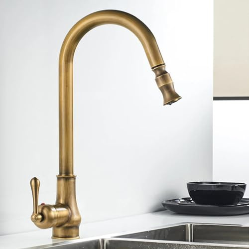 Antique Brass Kitchen Faucet Single Hole Pull Out Spout Copper Kitchen Sink Mixer Tap with Stream Sprayer Head