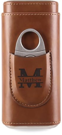 Jeweidea Cigar Case Personalised Cigar Cutter with Engraved Names 3 Finger PU Leather Humidor Cigar Box Travel Trip Cigar Accessories Gift for Men, Dad, Husband (Brown2)