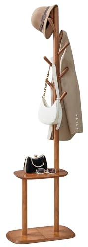 VASAGLE Coat Rack, Free Standing Coat Stand, Hall Coat Tree with 8 Hooks and Storage Shelf, 67.2 Inch Tall, for Coats, Hats, Bags, for Entryway, Hallway, Bedroom, Caramel Brown URCR040K01