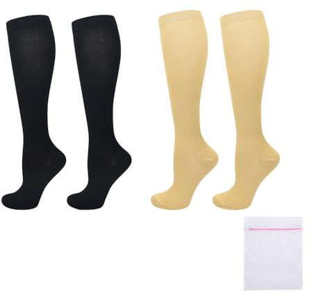 AYNKH 2 Paires Chaussette de Compression Femme et Homme, Livré avec sac à linge, pour Sport Running de Vol Circulation Jambes Enflées les Varices Voyage en Avion ( Noir + Marron) (L-XL)