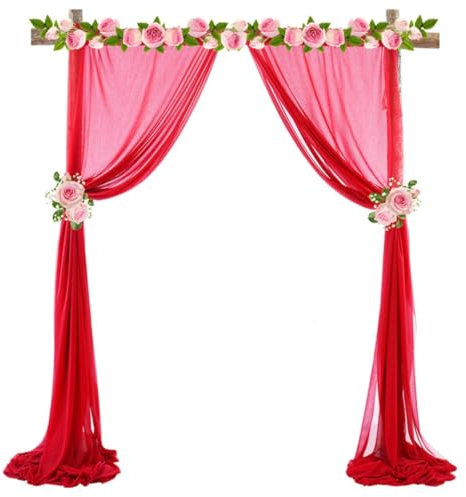 Pmnzdy 75x550 cm Querbehang Tüll Hochzeit Vorhang Freihanddeko Hochzeitsbogen Foto Hintergrund Deko Drapierstoff Tüllstoff Fensterdekoration für Hochzeit Party Fotografie Zeremonie deko Rot