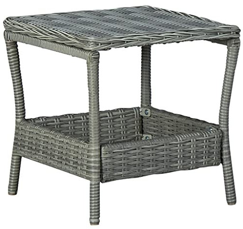 Mesa auxiliar de 2 niveles para exteriores con almacenamiento, resistente a la intemperie, mesa auxiliar de mimbre de ratán para piscina, jardín, balcón y porche delantero, mesa auxiliar cuadrada de