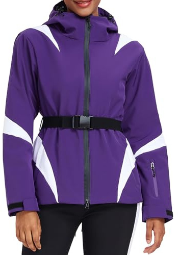 HOTIAN Giacca invernale da donna, giacca da sci, impermeabile, antivento, calda, giacca da snowboard con cappuccio, traspirante, giacca a vento con cappuccio con cintura in vita, viola01, XL