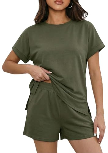 IWOLLENCE Husdräkt dam tvådelad sportset, loungewear dam tracksuit med elastisk linning och fickor, Armégrön, M