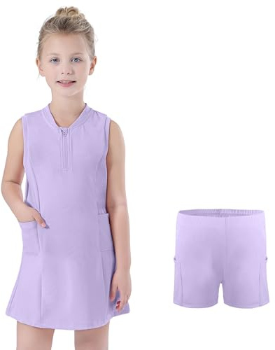 Bezioner Robe Tennis Filles Zip Robe Sport avec Short et 4 Poches Vêtements de Golf sans Manches Tenue Tennis pour Enfant Violet 120