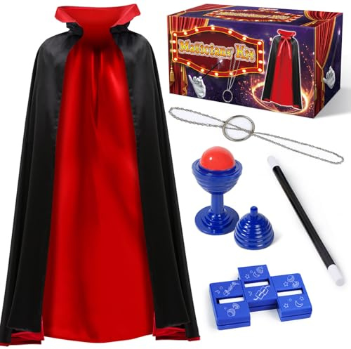 PATIFEED Zauberkasten, Zauberer Kostüm Set mit Umhang für Kinder im Alter von 6, 7, 8, 9, 10, 11, 12 Jahren, Halloween Verkleidungs und Vorstellungsspiel Set
