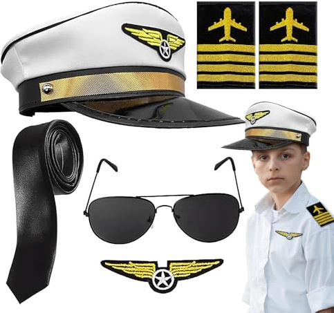 Ruwshuuk Kids Cosplay Accessories Set,Children Airline Captain Pilot Costume Accessories | Role Play Uniform Hat Tie Epaulette and Badge for Halloween, Career Day