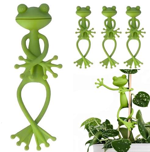 Tashce 4 Stück Frosch Pflanzenstütze für Kletterpflanzen, Blumen & Balkon | Pflanzenhalter & Stützklammer für Ranken, Passend für Topf, Beet und Sukkulenten