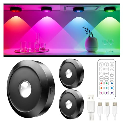 ERSDGG Zum Mini Spot LED Puck Light 1500mAh Akku 12 Farben Lights dimmbare & zeitgesteuerte Schrankbeleuchtung mit Fernbedienung 3 Lights Modi lange Batterielebensdauer (3, crimson)