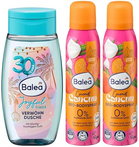Balea 3er-Set Körperpflege: Duschgel Joyful Times Pflegedusche 30 Jahre, blumig-fruchtiger Duft, 250 ml + Deo-Bodyspray Coconut Cancun exotisch Kokosnuss & Pfirsich, 0% Aluminum, 2 x 150 ml (550 ml)