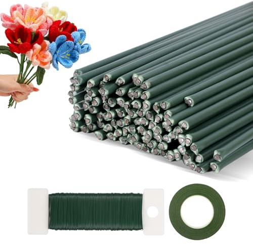 50 Stück Blumendraht Grün, Flower Stems, Florist Wire Floristendraht, Blumendraht zum Basteln mit 2 Stück Dunkelgrün Floristenband, für Diy Blumenarrangements, Kunstblumen,die Verpackung