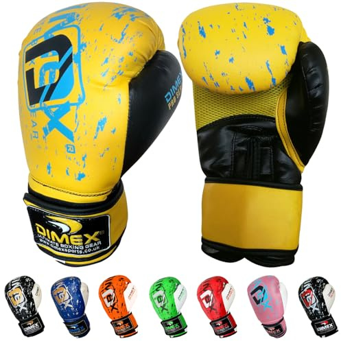 Dimex Boxing Gloves for Training & Sparring Gel Padded Rex Leather Punch Bag Gloves MMA Mitts with Hook & Loop Strap Men & Women – 10oz 12oz 14oz 16oz (Yellow Black Sky, 16oz)