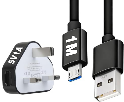 5V 1A USB Plug UK Black DC 5V/1A Charger USB A to Micro USB Cable 1M 5V-1A Power Supply MicroUSB 5 Volt 1 Amp 5 Watt Adapter 5V1A Power Cord for Speaker/Headphones/Smart Bracelets/Portable MP3 Player