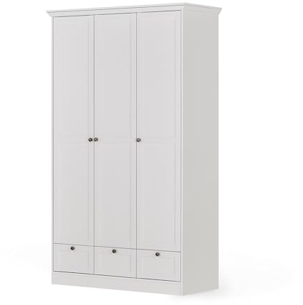 KHG Drehtürenschrank weiß 3 Türen 3 Schubkästen 1 Kleiderstange 5 höhenverstellbare Einlegeböden Sockelgestell Landhaus Stil