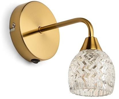 Hendone Gold Brass Effect Wall Light with Switch, Modern Indoor Wall Lamp with Cut Glass Shade, Elegant Bedroom, Hallway or Living Room Lighting Fixture, LED Compatible