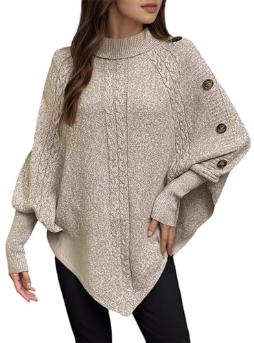 Generisch Poncho caldo da donna invernale a maniche lunghe, maglione a pipistrello, a maglia grossa, con bottoni, tinta unita, maglione invernale