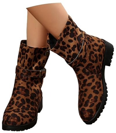 Damfritidsstövletter Klassiska Ankelstövlar Med Spänne Korta Mockastövlar Med Leopardmönster Varma Plyschfodrade Ankelboots Plus Size-ankelskor for Utomhusbruk(37 EU)