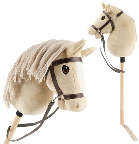 BIECO Hobby Horse Caballo de Palo Beige - Talla S, con Brida | Palo y Cola extraíbles, para Salto, Doma y Juego | Caballos de Juguete