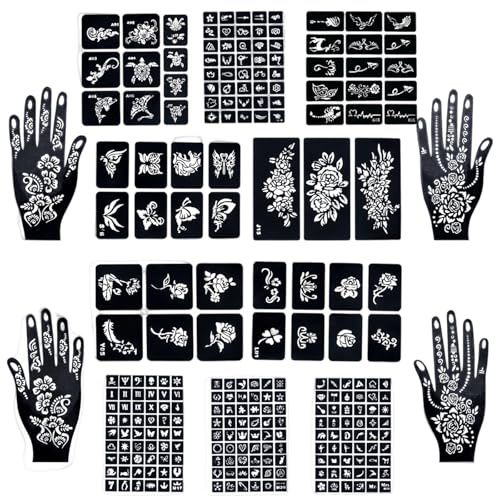 247 Stück Henna Tattoo Schablonen Set für Frauen, 14 Blätter Temporäre Tattoo Vorlagen (Inkl. 4 Hand-Schablonen), Ideal für Henna Farbe, Glitzertattoos & Bodypainting (Ohne Tinte)