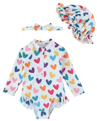 DivingBirds Bañador para niña de manga larga, traje de baño de una pieza con capucha, material elástico, diseño colorido para 3-24 meses, corazón, 9-12 meses