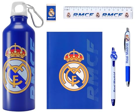 Real Madrid CF Juego de Papelería para Niños, Incluye Cuaderno Boligrafos Regla Borrador y Botella Cantimplora 650ml, Regalo para Niños