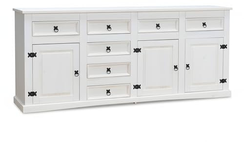 Dynamic24 Hacienda-Look – Sideboard New Mexiko 7+3 Anrichte Buffet Schrank Kommode weiß gewachst – 200x84x44 cm – 7 Schublade(n) – Massive Kiefer – Farbe Weiß – Hacienda-Stil – wärmender