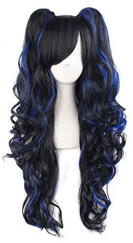 MapofBeauty Lange Lockige 2 Pferdeschwanz Lolita Perücke, Schwarz Blau | Farbige, Cosplay
