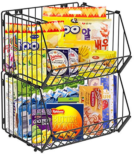 Fuleadture 2er-Set Allzweckkorb aus Metall – Stapelbarer Aufbewahrungskorb – großer und universeller Drahtkorb für die Küche, Vorratskammer und Badezimmer – Schwarz