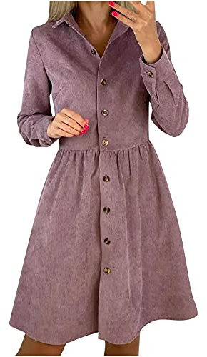 Sisifa Damen Kleid Elegant Cord Shirtkleid Casual Kleider für Frauen Herbst Button Down Hemdkleid Lose Swing Revers Langarm Hohe Taille Cord Minikleid Freizeitkleid