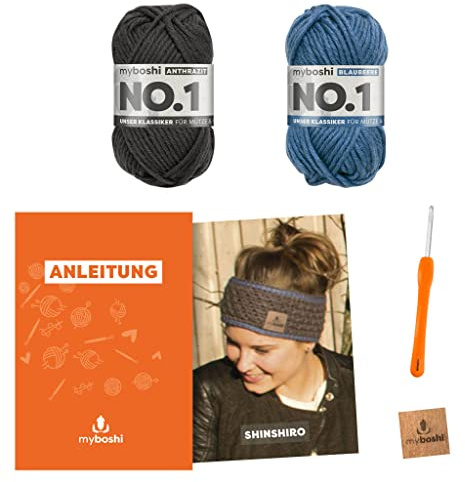 myboshi Häkelset Stirnband Shinshiro, inkl. No.1 Wolle, Nadel und Anleitung, für Mützen und Stirnbänder, Häkelpaket, 30% Merinowolle Grau, Blau, mit Rundstricknadel