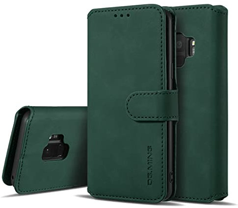 UEEBAI Handyhülle für Samsung Galaxy S9, Hülle Retro Premium PU Leder Weiche Klapphülle Magnetverschluss Wallet Kartenfach Standfunktion Flip Case Trageband Schutzhülle - Dunkel Grün