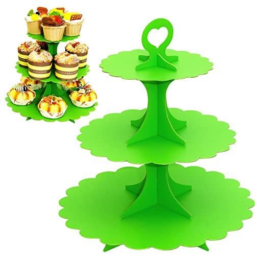 Humlindo - Confezione da 2 supporti per cupcake a torre verde, a 3 ripiani, in cartone, per feste, alzata per cupcake a più livelli (verde)