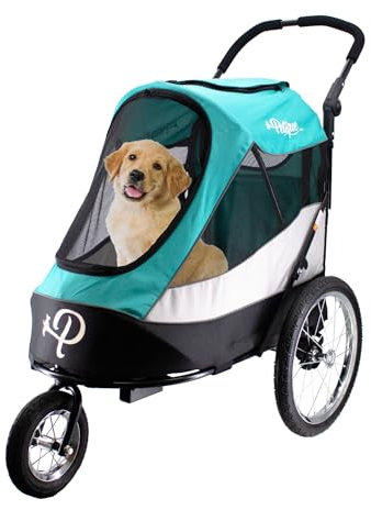 Petique Trailblazer Jogger Hundewagen für mittelgroße Hunde & Katzen, Luftreifen, verstellbarer Griff, Pee Pad, 3 Leinen, Regenhaube, Fahrradadapter – Farbe: Neptune