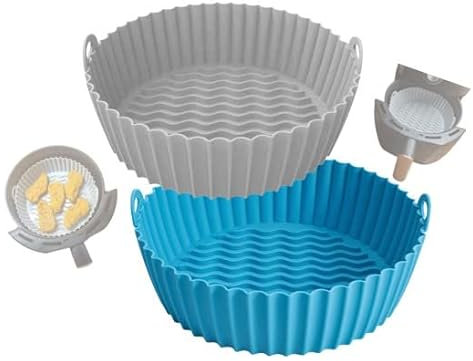2pcs Air Fryer Silicone Liner 7.8 inch/20cm Medium Reusable Airfryer Basket Non-Stick Replaces Parchment Paper Compatible with Ninja Cosori Tower (Grey/Blue)