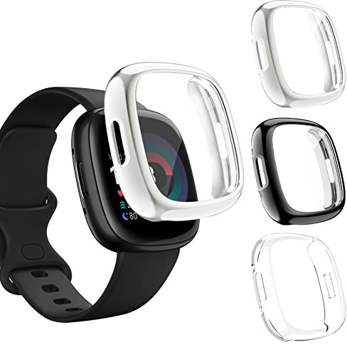 Vancle 3-Stück Schutzhülle Kompatibel mit Fitbit Versa 4/Fitbit Sense 2 Schutzfolie Hülle, TPU Ultradünner Vollschutz Gehäuse Schutz Hülle für Versa 4/Sense 2 (Transparent+Schwarz+Silber)