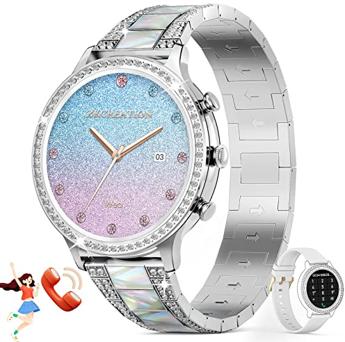 ZKCREATION Smartwatch Damen Metallarmband - Smart Watch Damenuhr mit Anruffunktion Smartwatch Damen mit Whatsapp Funktion Fitnessuhr mit Schlaf und Pulsmesser 20 Sportmodi für Android iOS