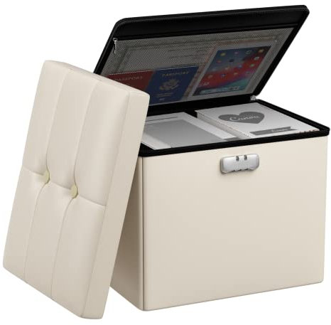 Tamfile Aufbewahrungshocker, Feuerfester Klappbarer Fußhocker mit Deckel, 43 x 33 x 33cm wasserdichter Fußhocker aus Kunstleder mit Schloss und Griff für Schlafzimmer, Flur, Wohnzimmer, Beige