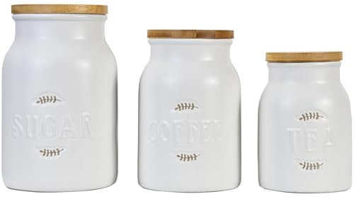 Karisky Modern White Ceramic Canister Set for Kitchen Counter, Airtight Bamboo Lids, Coffee Sugar Tea Container Set, 5 inches (L) x 8.7 inches (H), Set of 3