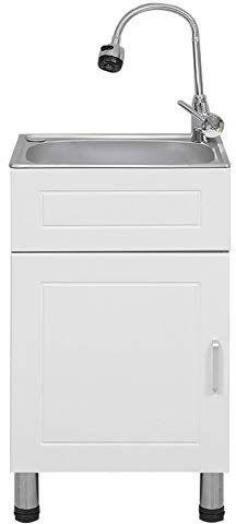Badezimmer-Waschbecken-Einzel-Schüssel-Edelstahl-Handwaschbecken mit Wasserhahn Freistehender Waschbecken-Waschschrank für Wäscheküche, Größe 19,3 x 14,2 x 17,3, Weiß