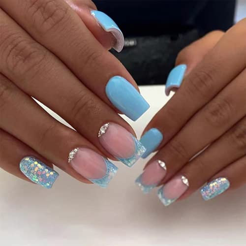 24pcs French False Nails Short - Almond Square Press on Nails - Full Cover Acrylic False Nails With Glue - French Fake Nails Stick on Nails for Women and Girls Nail Art (Blue) (Blue, Normal)
