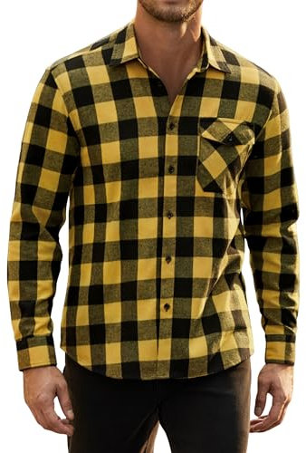 HISDERN Mens Plaid Flannel Shirts Long Sleeve for Men Casual Lumberjack Shirt Checked Button Down Regular Fit Yellow M