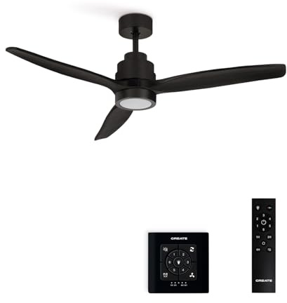 CREATE / WINDSTYLANCE NATURAL WOOD/Deckenventilator mit Beleuchtung Schwarz mit Wandschalter und Fernbedienung / 40W, Leise, Ø132 cm, Sommer-Winterbetrieb, doppelte Höhe, DC-Motor