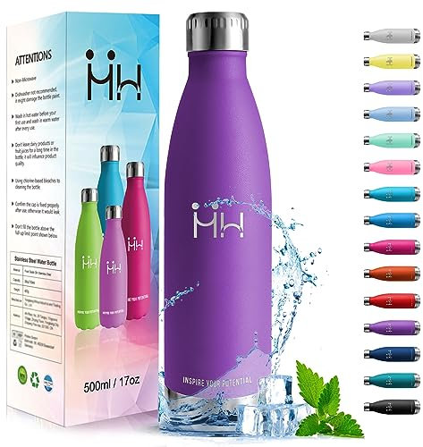 HoneyHolly Borraccia Termica Doppia Parete, Bottiglia Acqua in Acciaio Inox - 500ML - Senza BPA, Antigoccia, per Palestra, Scuola, Sport, Ufficio