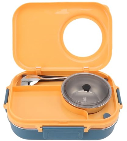 Aramox Lunchbox, 1100 Ml, Doppellagig, 3-Gitter-Design, 304 Edelstahl, Box mit Essstäbchen, Löffel, Suppenschüssel, Portionskontrolle, Lebensmittelbehälterfach, (Blau