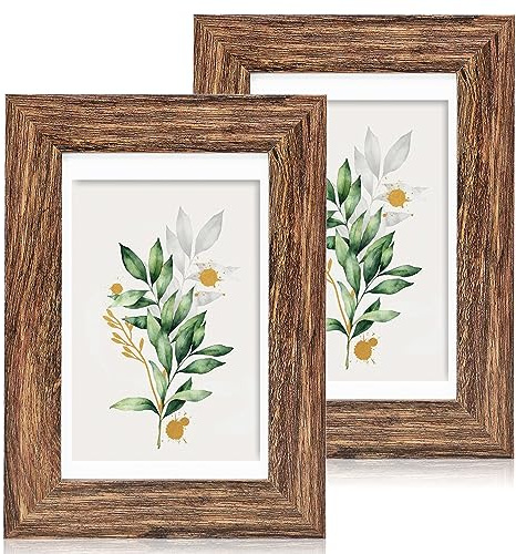 Hongkee 5x7 Picture Frame Set of 2, Made of Real Glass and Rustic Brown Wooden Frame - Display Pictures 4x6 with Mat or 5x7 Without Mat, 5 by 7 Photo Frame for Wall or Tabletop Display