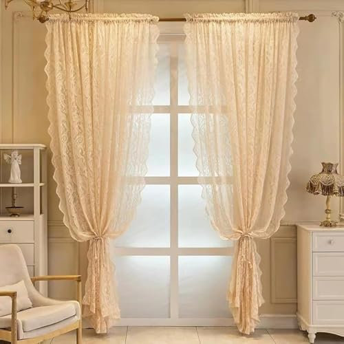 F-CHU Beige Net Curtains 54 drop Sheer Lace Curtain for Bedroom of 2 55 W x 54 L Inch(140cm x 137cm) Beige Curtain
