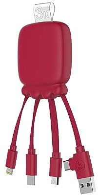 Xoopar Octopus Gamma Câble USB 4 en 1 + Batterie 3000 mAh - Rouge | Hub 4 en 1 et batterie externe 3000 mAh en plastique recyclé - chargez plusieurs appareils partout